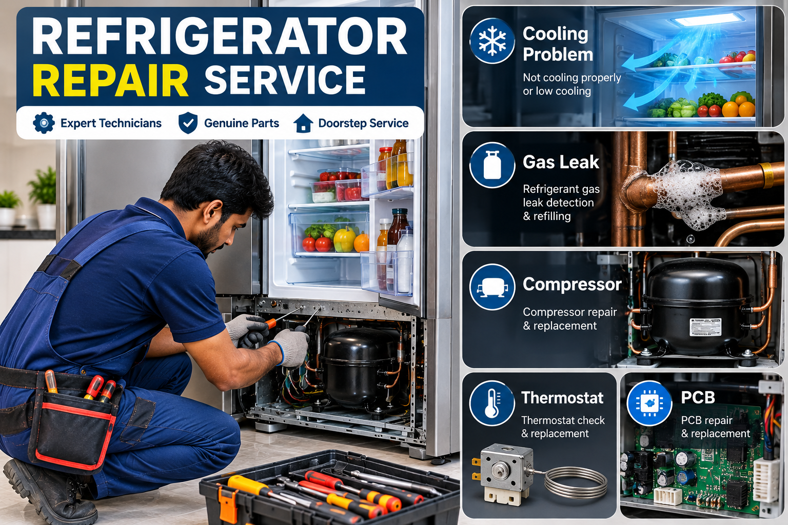 Cooling problem, gas leak, compressor, thermostat, PCB