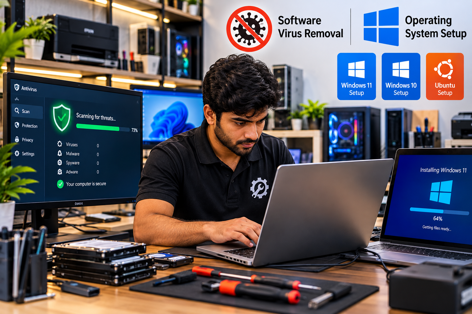 Software virus removal, operating system setup,